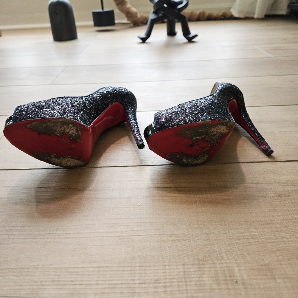 Christian Louboutin Marine Glitter Very Prive 120 Peep Toe Heels - Picture 4 of 7